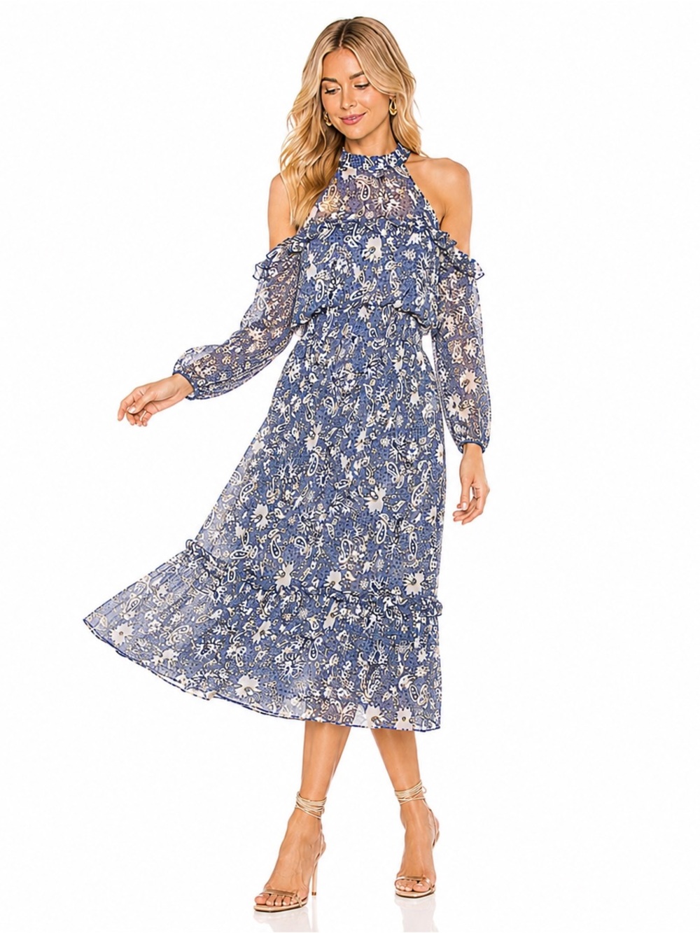 MISA Los Angeles Caity Midi Dress Cold Shoulder Floral Pasley Size Medium Blue
